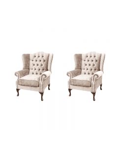 Chesterfield 2 x Wing Chairs Harmony Ivory Velvet Fabric In Mallory Style