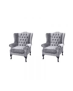 Chesterfield 2 x Wing Chairs Perla Illusions Grey Velvet Fabric In Mallory Style