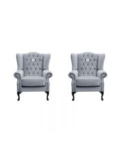 Chesterfield 2 x Wing Chairs Verity Plain Steel Fabric Bespoke In Mallory Style