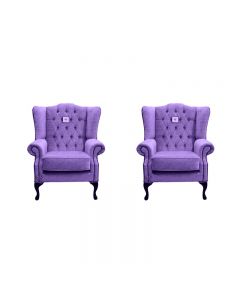 Chesterfield 2 x Wing Chairs Verity Purple Fabric Bespoke In Mallory Style