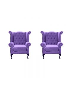 Chesterfield 2 x Wing Chairs Verity Purple Fabric Bespoke In Queen Anne Style