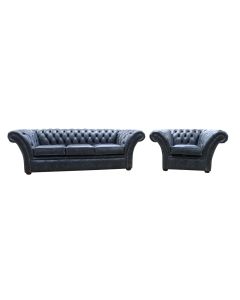 Chesterfield 3+1 Sofa Suite New England Black Real Leather In Balmoral Style
