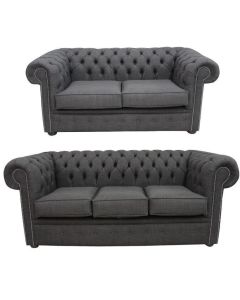 Chesterfield 3+2 Seater Sofa Suite Charles Charcoal Grey Linen Fabric In Classic Style