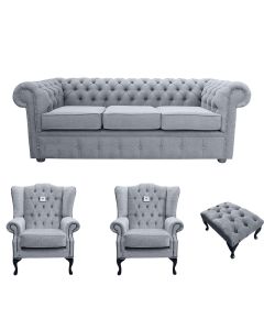 Chesterfield 3 Seater + 2 x Mallory Chairs + Footstool Verity Plain Steel Grey Fabric Sofa Suite