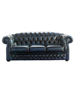 Chesterfield 3 Seater Antique Blue Leather Sofa Bespoke In Buckingham Style