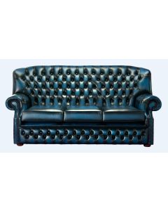 Chesterfield 3 Seater Antique Blue Leather Sofa Bespoke In Monks Style