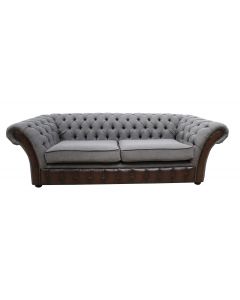 Chesterfield 3 Seater Antique Brown Leather Bacio Pewter Fabric Sofa In Jepson Style