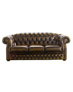 Chesterfield 3 Seater Antique Gold Leather Sofa Bespoke In Buckingham Style