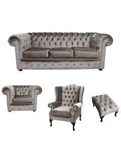 Chesterfield 3 Seater + Club Chair + Mallory Chair+Footstool Verity Silver Fabric Sofa Suite