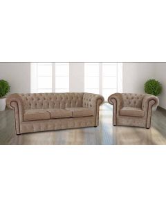 Chesterfield 3 Seater + Club Chair Senso Oyster Velvet Fabric Suite In Classic Style