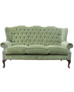 Chesterfield 3 Seater Flat Wing High Back Sofa Aruba Forest Green Fabric In Queen Anne Style