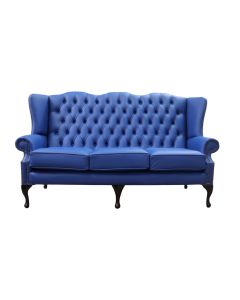 Chesterfield 3 Seater Flat Wing High Back Sofa Ultramarine Blue Leather In Queen Anne Style