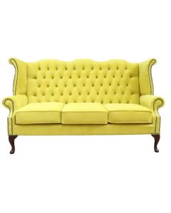 Chesterfield 3 Seater High Back Sofa Amalfi Buttercup Yellow Velvet Fabric In Queen Anne Style