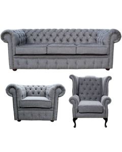 Chesterfield 3 Seater + Queen Anne + Club Chair Verity Steel Grey Fabric Sofa Suite