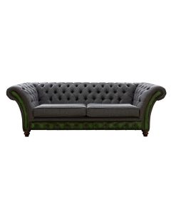 Chesterfield 3 Seater Sofa Antique Green Leather Marinello Pewter Fabric In Jepson Style