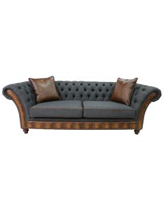 Chesterfield 3 Seater Sofa Antique Tan Leather Marinello Pewter Fabric In Jepson Style