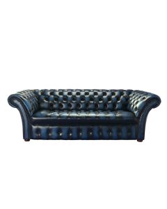 Chesterfield 3 Seater Sofa Buttoned Seat Antique Blue Leather In Balmoral Style