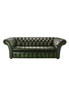Chesterfield 3 Seater Sofa Buttoned Seat Antique Green Leather In Balmoral Style