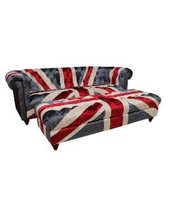 Chesterfield 3 Seater Sofa Plush Velvet With Matching Footstool In Union Jack Style