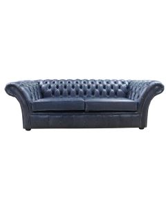 Chesterfield 3 Seater Sofa Settee Old English Ocean Blue Leather In Balmoral Style