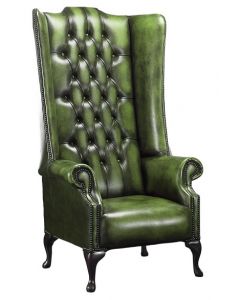 Chesterfield 5ft 1780's High Back Wing Chair Antique Green Leather In Soho Style