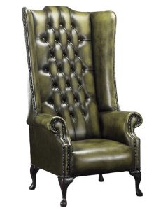 Chesterfield 5ft 1780's High Back Wing Chair Antique Olive Leather In Soho Style