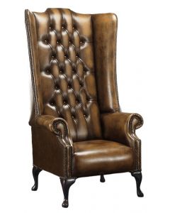 Chesterfield 5ft 1780's High Back Wing Chair Antique Tan Leather In Soho Style