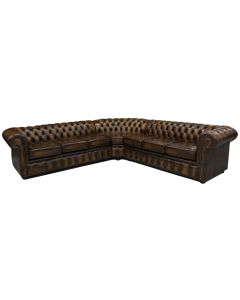 Chesterfield 6 Seater Cushioned Corner Sofa Unit Antique Tan Leather In Classic Style   
