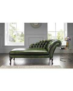 Chesterfield Chaise Lounge Day Bed Antique Green Real Leather