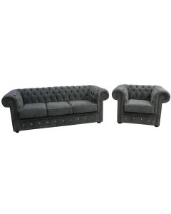 Chesterfield Crystal 3 Seater + Club Chair Sofa Suite Keira Pewter Grey Fabric 