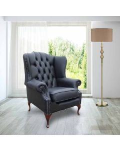 Chesterfield Flat High Back Wing Chair Bonded Black Real Leather In Mallory Style