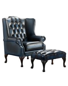 Chesterfield Flat Wing Chair + Footstool Antique Blue Leather In Mallory Style