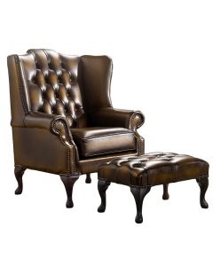 Chesterfield Flat Wing Chair + Footstool Antique Gold Leather In Mallory Style