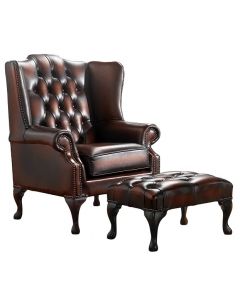 Chesterfield Flat Wing Chair + Footstool Antique Rust Leather In Mallory Style