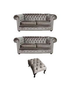 Chesterfield Handmade 2 Seater + 2 Seater + Footstool Boutique Beige Velvet Fabric Sofa Suite 