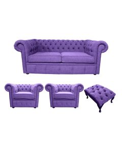 Chesterfield Handmade 2 Seater + 2 x Club chairs + Footstool Verity Purple Fabric Sofa Suite 