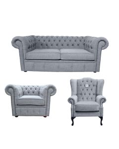Chesterfield Handmade 2 Seater + Club Chair + Mallory Chair Verity Plain Steel Grey Fabric Sofa Suite 
