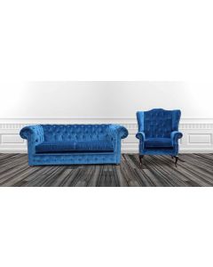 Chesterfield Handmade 2 Seater + Wing Chair Velluto Royal Blue Velvet Fabric Sofa Suite