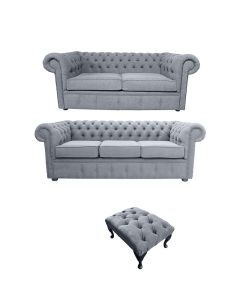 Chesterfield Handmade 3+2+Footstool Verity Plain Steel Grey Fabric Sofa Suite 