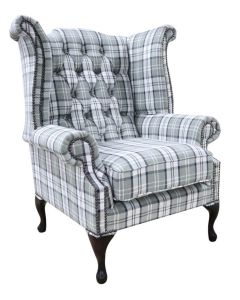 Chesterfield High Back Armchair Piazza Grey Check Fabric In Queen Anne Style