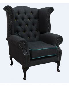 Chesterfield High Back Chair Charles Charcoal Blue Trim Linen Fabric In Queen Anne Style 