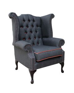 Chesterfield High Back Chair Charles Charcoal Orange Trim Linen Fabric In Queen Anne Style