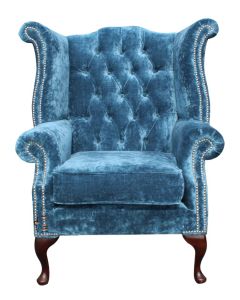 Chesterfield High Back chair Elegance Teal Velvet Fabric In Bespoke Queen Anne Style