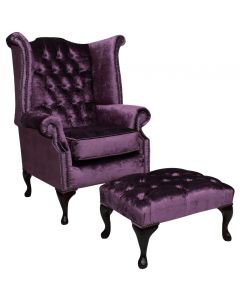 Chesterfield High Back chair + Footstool Shimmer Grape Velvet In Queen Anne Style