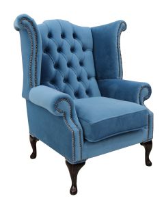 Chesterfield High Back Wing Chair Amalfi Cadet Blue Velvet In Queen Anne Style 
