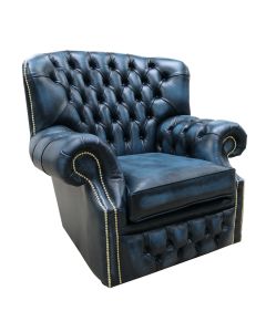 Chesterfield High Back Wing Chair Antique Blue Leather Armchair In Monks Style