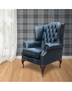 Chesterfield High Back Wing Chair Antique Blue Leather Bespoke In Mallory Style   