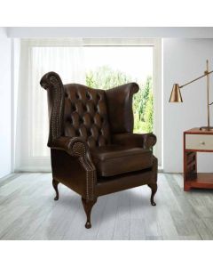 Chesterfield High Back Wing Chair Antique Brown Leather In Queen Anne Style