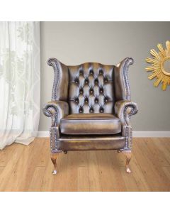 Chesterfield High Back Wing Chair Antique Gold Leather Bespoke In Queen Anne Style  