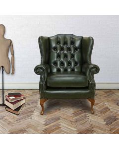 Chesterfield High Back Wing Chair Antique Green Leather Bespoke In Mallory Style   